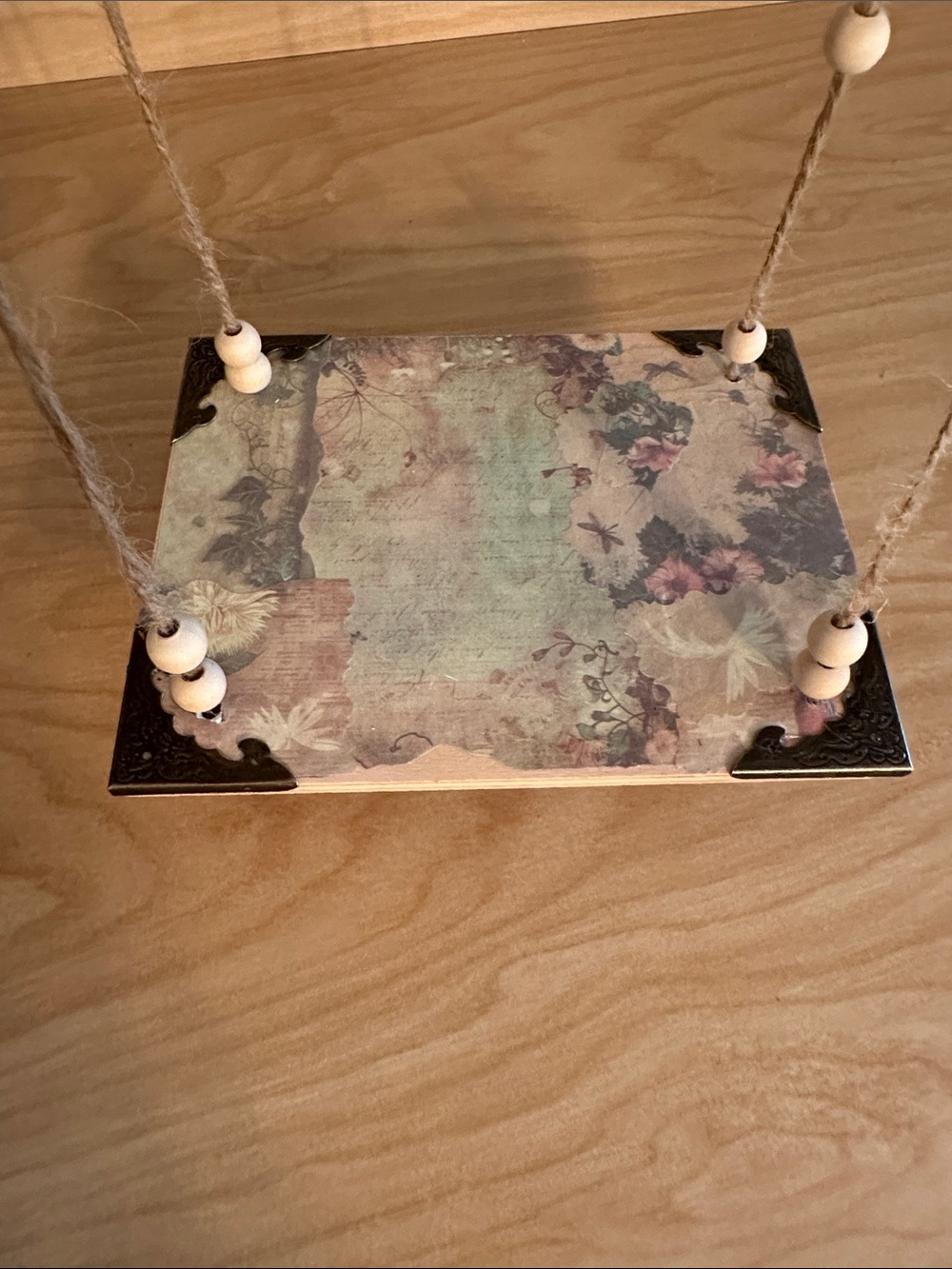 Hand crafted Vintage style green Floral Hanging Wooden Shelf